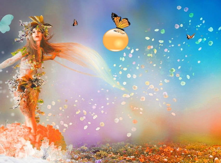 Пролетна фея, фея, пеперуда, фантазия, цветове, цветя, момиче HD тапет