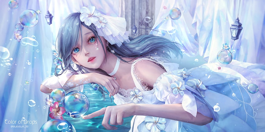 Color of drops, blue, fantasy, girl, muke, mu ke HD wallpaper