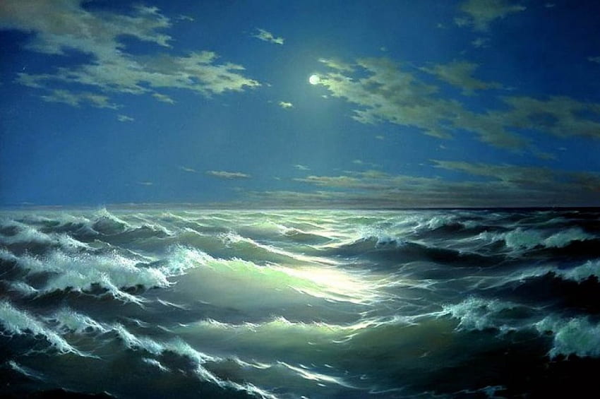 George Dmitriev. The moon and the sea, night, sea, george dmitriev, painting, moon, art HD wallpaper