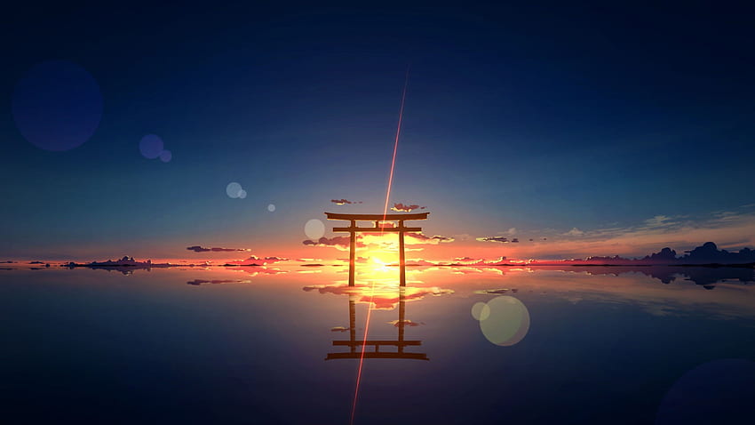 Paesaggio anime, santuario, torii, tramonto, lente, riflesso sull'acqua Sfondo HD