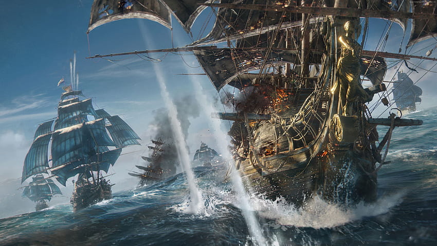 Braune Piratenschiffe auf grafischem Hintergrund des Wassers HD-Hintergrundbild