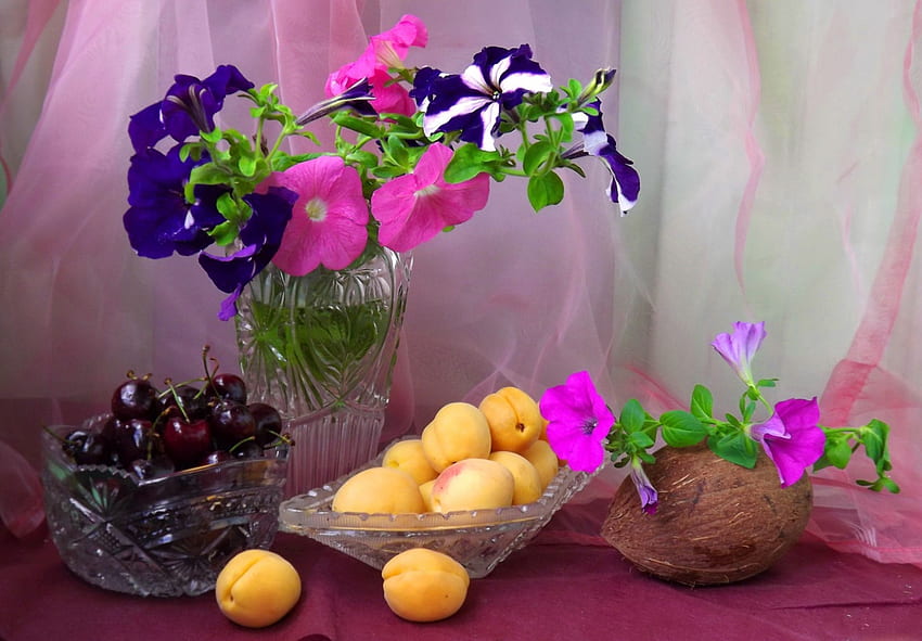 Bodegón, cerezas, jarrón, beautifuil, frutas, fragancia, delicada, bonita, flores, aroma, armonía fondo de pantalla