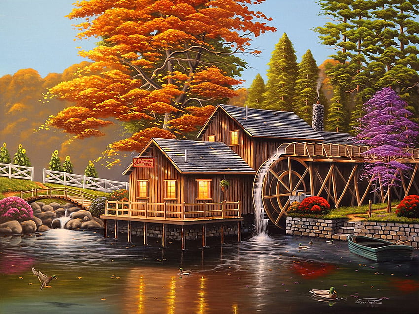 Adam's Gristmill, boat, mill, artwork, ducks, painting, trees, bridge, watermill, pond HD wallpaper
