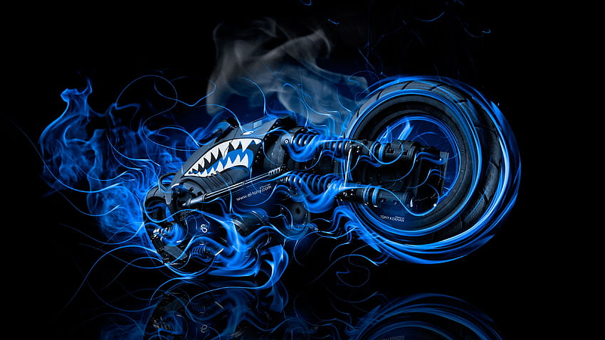 Rower Moto Gun Super Fire Flame Abstract, czarno-niebieski ogień Tapeta HD