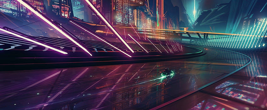 cyberpunk, Lights, Road, Turn, City, Night, Motorcycle, Futuristic, 80s Neon Road HD wallpaper