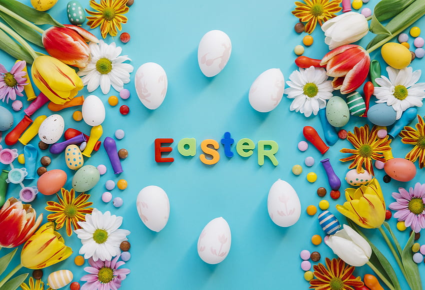 Flowers, eggs, colorful, easter HD wallpaper