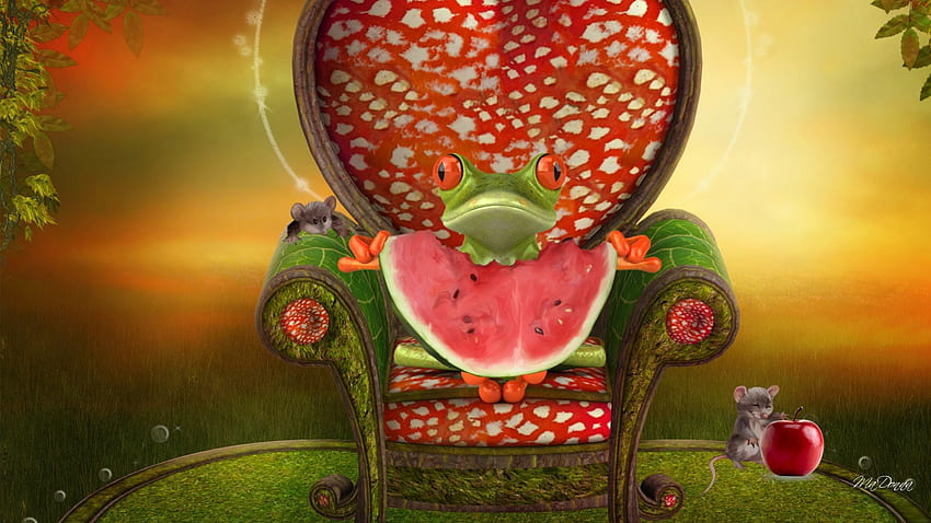 Buah Musim Panas, kursi, mouise, singgasana, imut, semangka, katak, tikus, apel, aneh Wallpaper HD