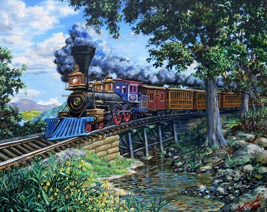 Old Steamtrain, artwork, creek, painting, trees, bridge HD wallpaper