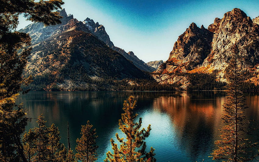 Jenny Lake, Wyoming, trees, colors, sky, mountains, water, rocks, reflections, fall, landscape, usa HD wallpaper