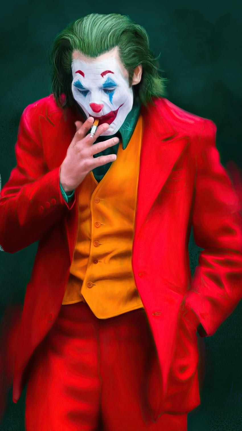 Joker fumando, traje rojo, disfraz fondo de pantalla del teléfono