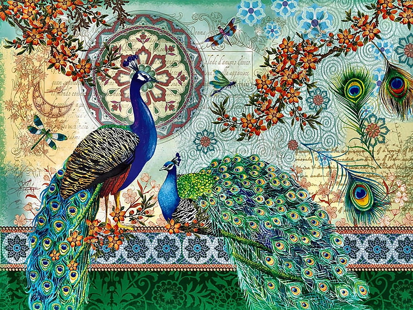 Peacocks, art, bird, paun, painting, pictura, peacock, pasari HD wallpaper