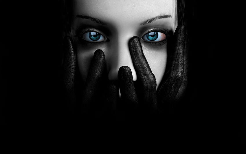 blue, black, hands, eyes, leather, Dark Hands HD wallpaper