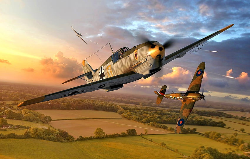 Messerschmitt, Bf 109, 1940, WWII, Hawker Hurricane Mk.I, Bf.109E 4, 9./JG54 For , Section авиация HD wallpaper