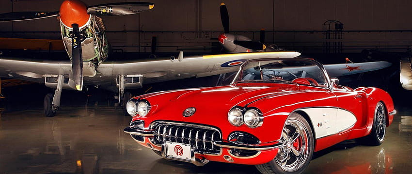Chevrolet Corvette (C1), Red Classic Car, Airplane, , , Background, L9dbsu HD wallpaper
