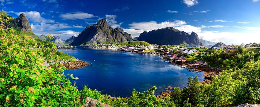 Лофотенски острови, синьо, Норвегия, пейзаж, градски пейзаж, къщи, зелено, облаци, архипелаг, вода, листа, океан HD тапет