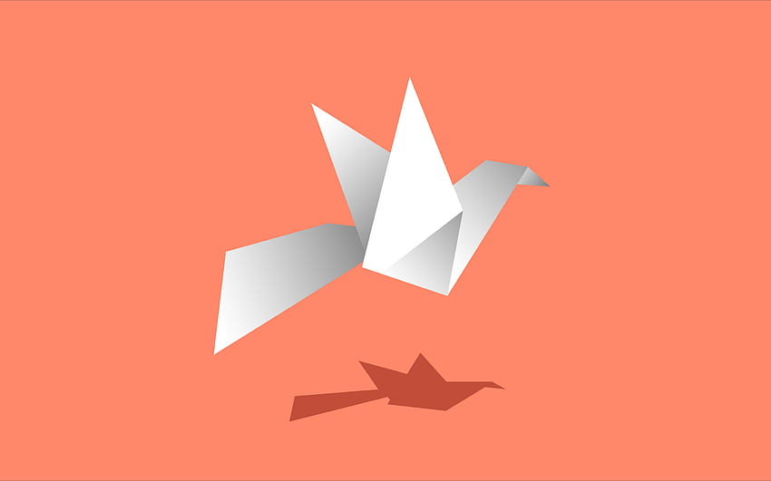 折り紙、紙の鳥、折り紙の白鳥、オレンジ色の背景、折り紙の鳥、飛行の概念、紙 高画質の壁紙