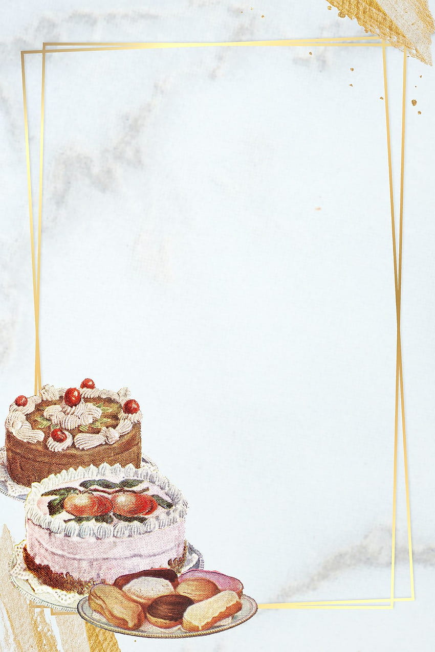 ilustrasi premium bingkai emas dengan kue pada tekstur marmer. Kue, bingkai kue, latar belakang kue, kue kue wallpaper ponsel HD
