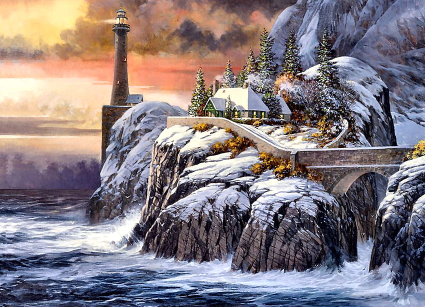 Winter Lighthouse F, winter, lighthouse, architecture, art, beautiful, illustration, artwork, scenery, wide screen, painting, snow, seascape HD wallpaper