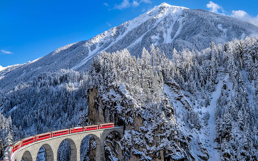 Железопътен влак, сняг, зима, Алпи, кантон Граубюнден, смърч, влак, Швейцария, виадукт Ландвасер, планини, ж.п. HD тапет