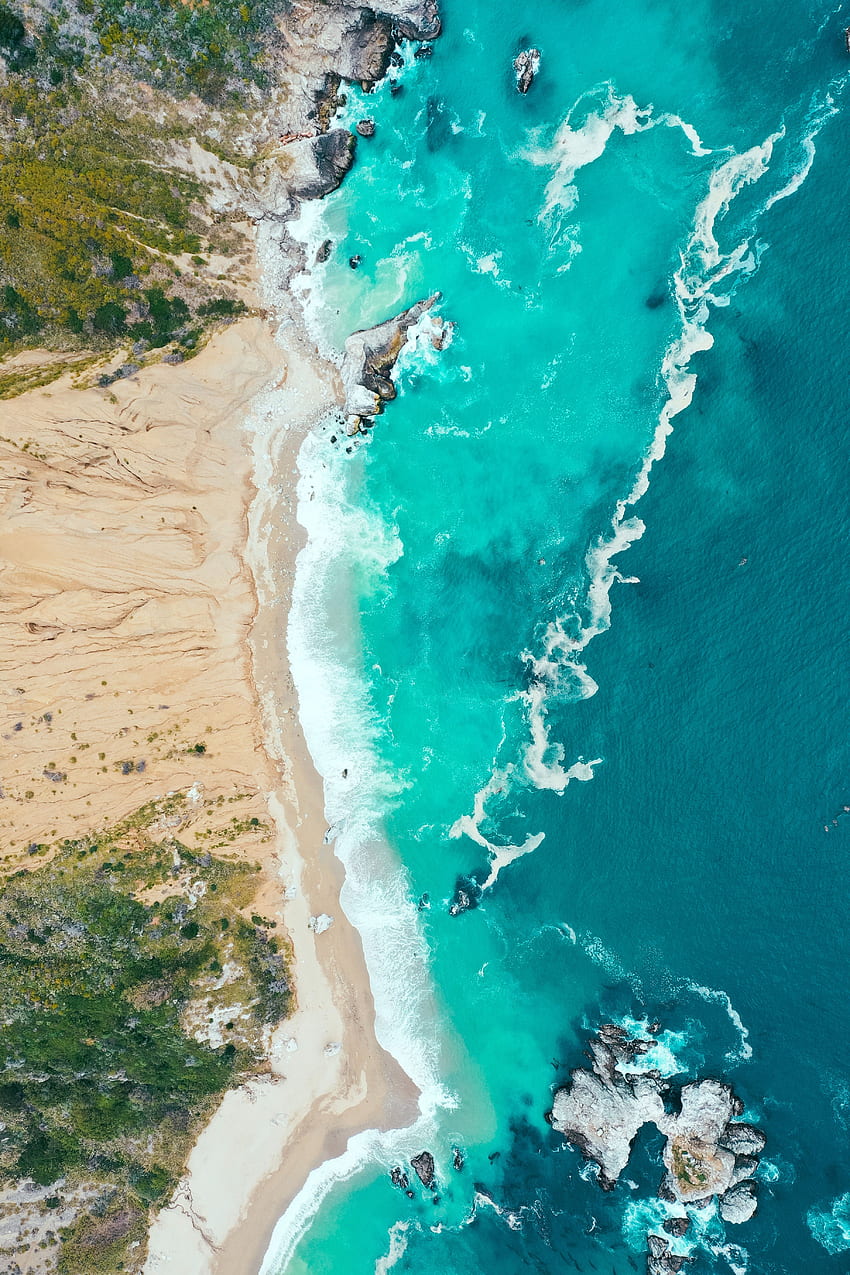 naturaleza, mar, olas, playa, arena, vista desde arriba, orilla, banco fondo de pantalla del teléfono
