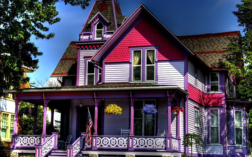 Необичайна лилава къща, лилава къща, архитектура, къщи, необичайна къща HD тапет