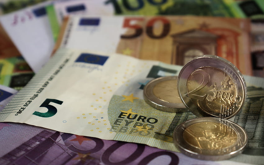 argent en euros, 2 euros, 5 euros, fond d'argent, Union européenne, pièce de 2 euros, finances Fond d'écran HD