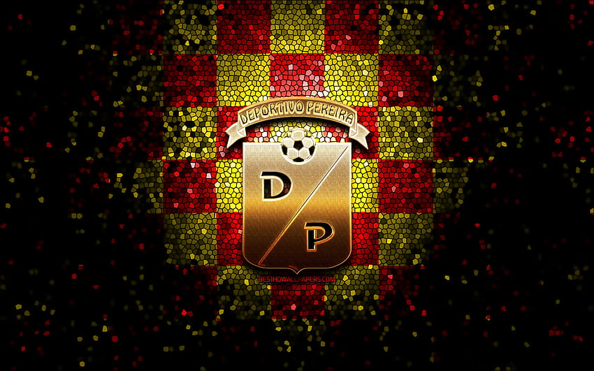 Deportivo Pereira FC, parıltılı logo, Kategori Primera A, kırmızı, sarı damalı arka plan, futbol, ​​Kolombiya Futbol Kulübü, Deportivo Pereira logo, mozaik sanatı, FC Deportivo Pereira, Kolombiya futbol ligi HD duvar kağıdı