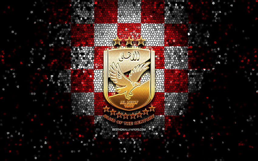 Al Ahly SC, logo gemerlap, Liga Premier Mesir, latar belakang kotak-kotak merah putih, EPL, sepak bola, klub sepak bola Mesir, logo Al Ahly, seni mosaik, sepak bola, Al Ahly FC Wallpaper HD