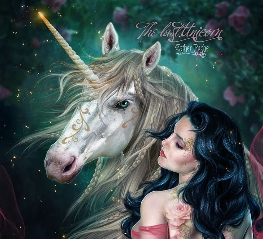 Last unicorn, esther puche, fantasy, estherpucheart, green, unicorn, luminos, girl HD wallpaper