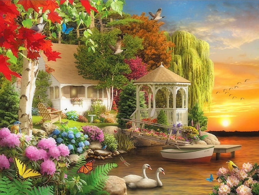지상 낙원, 새, 봄, 집, 나비, 보트, 일몰, 꿈속의 명소, 정자, 정원, , 여름, 사계절 사랑, 호수, 백조, 자연, 꽃, 집 HD 월페이퍼