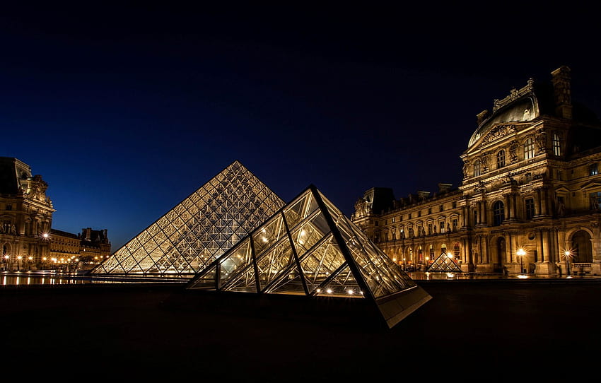 светлина, нощ, градът, Франция, Париж, Лувъра, осветление, пирамида, Париж, музей, Франция, Лувъра за , раздел город - HD тапет