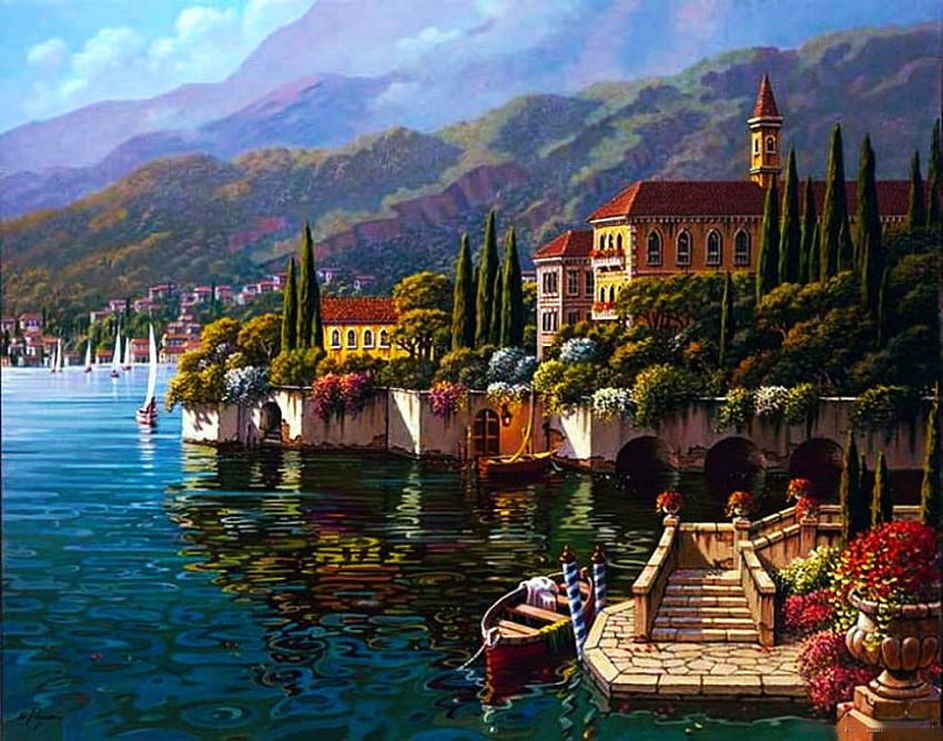Lake Como, artwork, buildings, painting, landscape, italy, mountains HD wallpaper