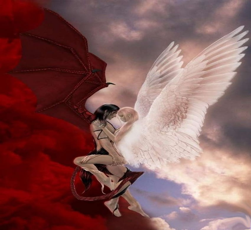 DEVIL ANGEL, white, fantasy, red, devil, clouds, sky, angel HD wallpaper