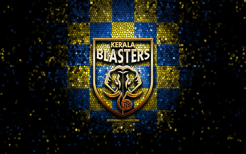 Kerala Blasters FC, glitter logo, ISL, blue yellow checkered background, soccer, indian football club, Kerala Blasters logo, mosaic art, football, FC Kerala Blasters, India HD wallpaper