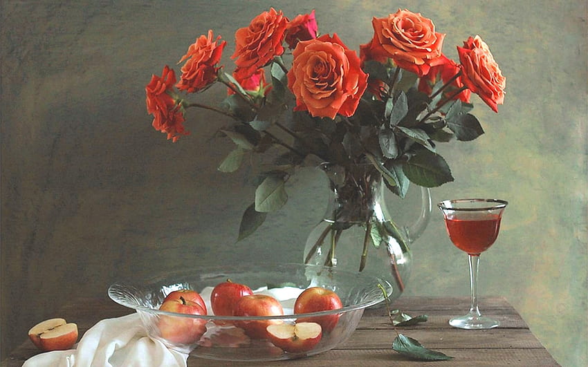 Rosenstillleben, Holz, Äpfel, Rosen, Glas, orange HD-Hintergrundbild