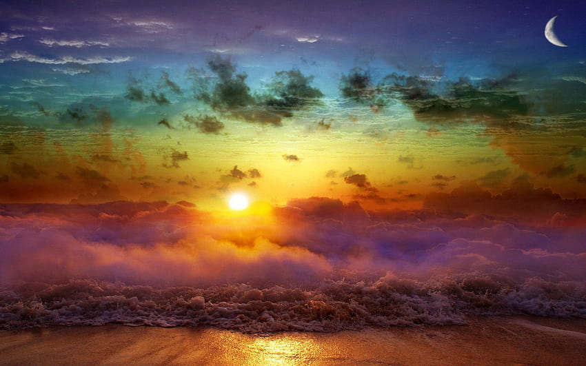 Nature, Sunset, Sea, Sun, Night, Clouds, Waves, Moon, Fog, Evening, Day, Merge, Confluence HD wallpaper