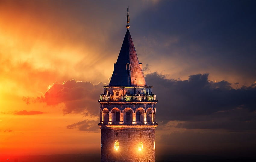 日没のイスタンブール、トルコの歴史的なガラタ塔、壁画 高画質の壁紙