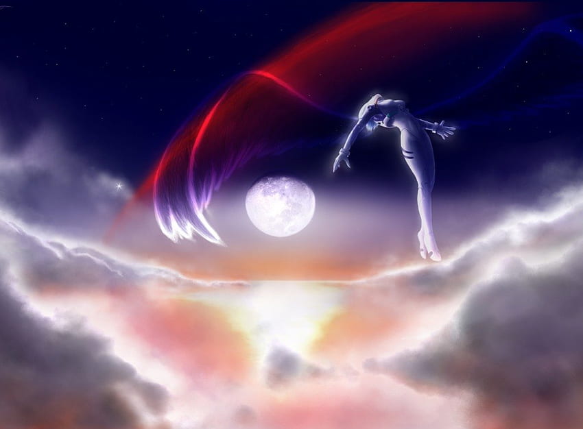 Neon Genesis Evangelion, anime, księżyc, chmury, niebo, rei ayanami, manga Tapeta HD