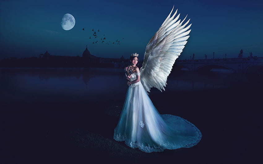 Güzel melek kız, kanatlar, gece, ay HD duvar kağıdı
