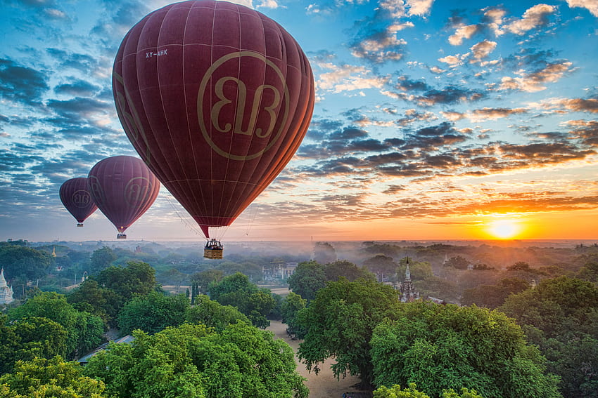 Three red hot air balloons floating above trees, bagan HD wallpaper