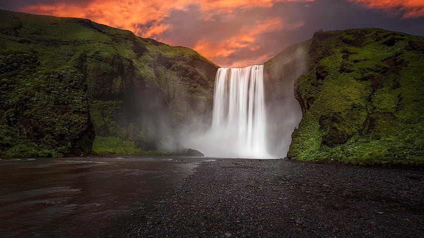 Iceland, Skogafoss, beautiful waterfalls HD wallpaper