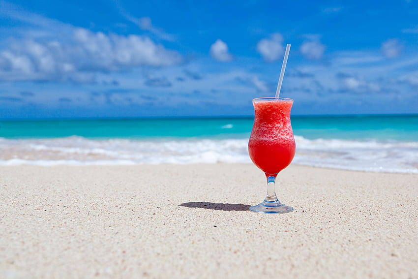 beach, beverage, drink, drinking glass, fruit shake, ocean, sand, sea, seashore, vacation HD wallpaper