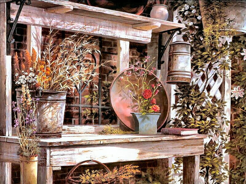 garden colors, basket, table, book, bucket, garden, flowers HD wallpaper