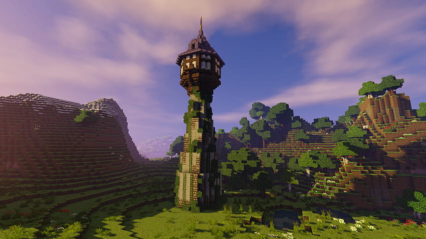 Minha filha de 4 anos se interessou pelo meu mundo Minecraft. Como resultado, tenho adicionado coisas para ela - a última foi a torre de Rapunzel de seu filme favorito Enrolados! papel de parede HD