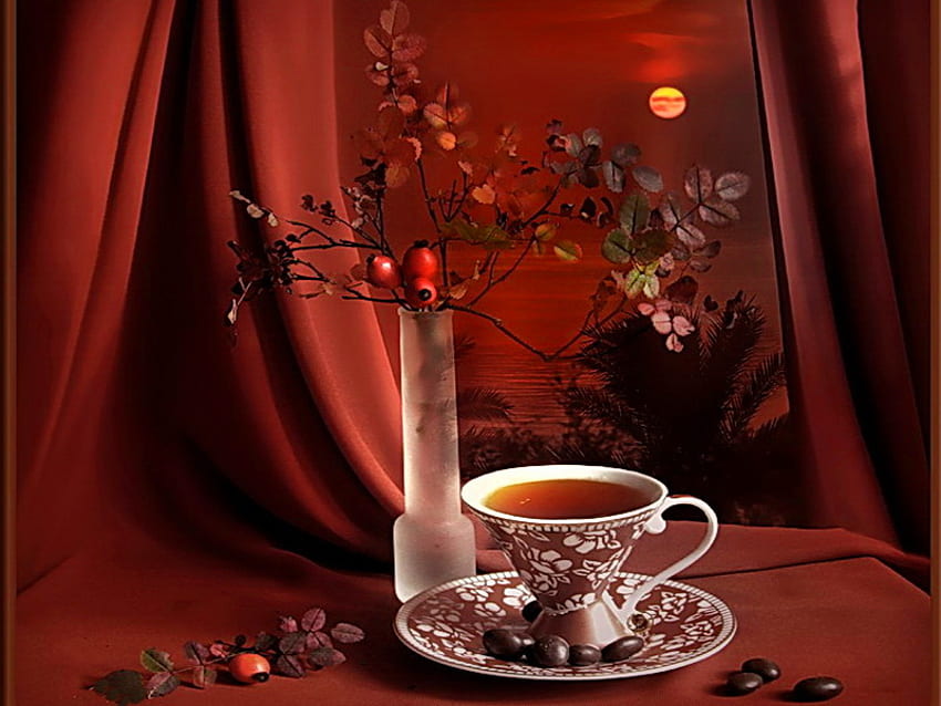 Evening, night, tea, vase, cup, curtain, still life, moon, red, flowers, romantic HD wallpaper