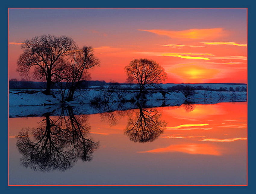November sunset, winter, snow, orange and gold sky, trees, reflections, sunset HD wallpaper
