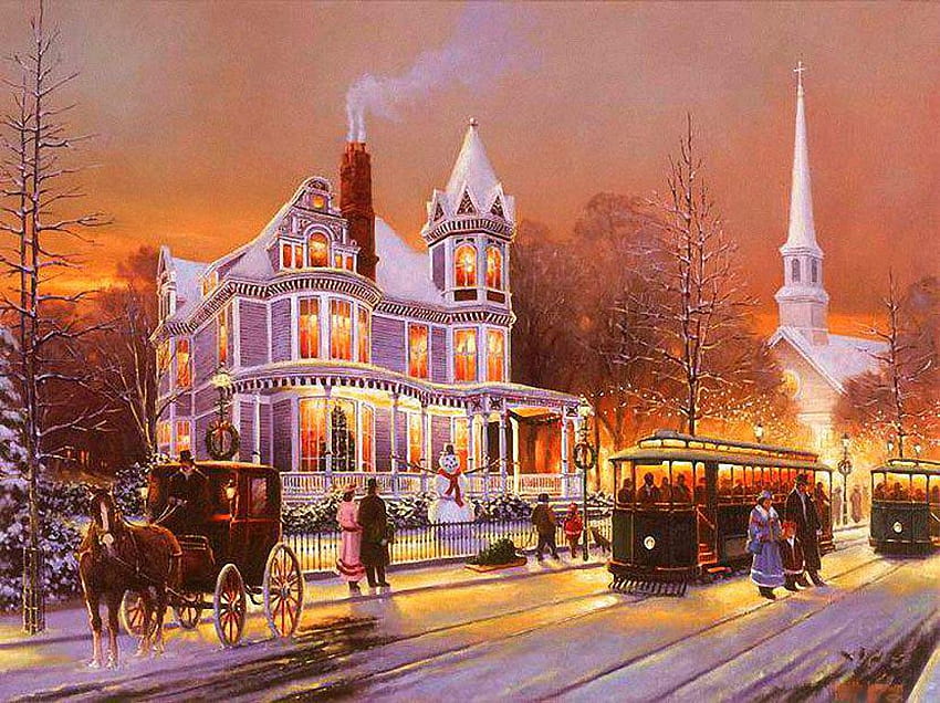 Victorian Christmas, horse, house, artwork, coach, painting, snow, lights, street, tram HD wallpaper