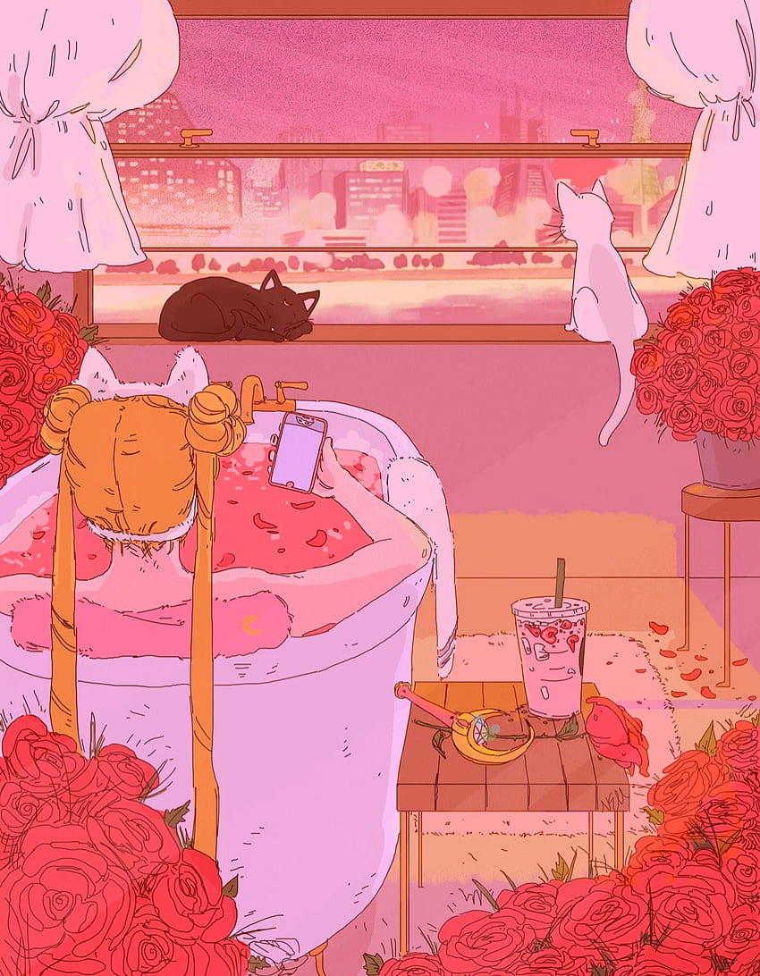 Sailor Moln, moon, pink, cat, bath HD phone wallpaper