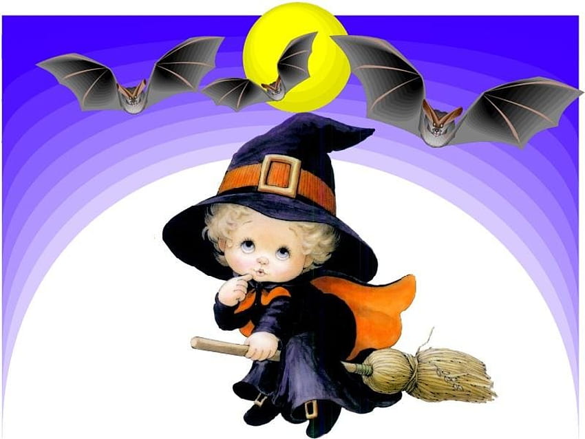Halloween manis, manis, halloween, bulan, terbang, penyihir Wallpaper HD