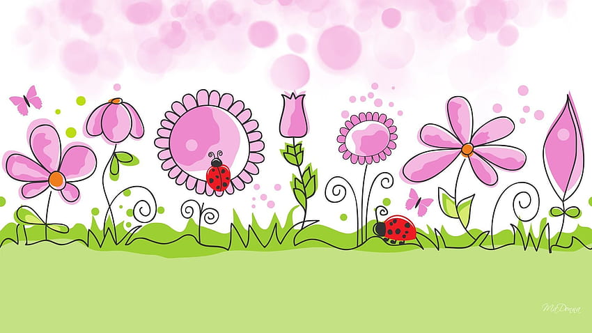 꽃 정원 봄 벡터 배경, 핑크 꽃 만화 HD 월페이퍼